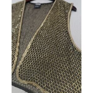 Vintage Sharmark Las Vegas Black And Gold Beaded Vest Mesh Sheer